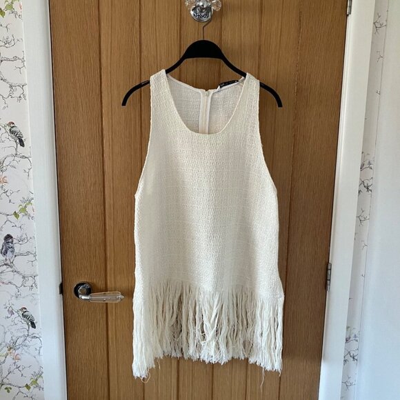 ZARA Fringed Textured Weave Cream Top - Picture 4 of 5